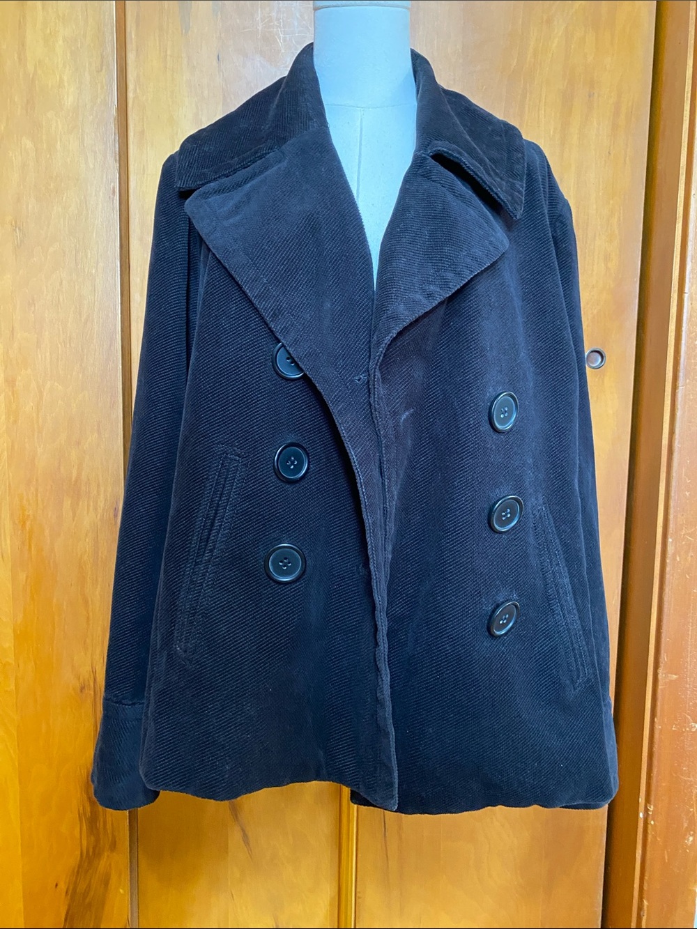 Jones New York Black Double-Breasted Corduroy Peacoat Jacket Fall Layers Casual